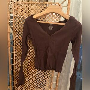 Free People Chocolate Long Sleeve V-Neck Top